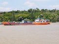 A ferry boat crosses the Danube