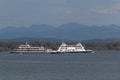 Ferry boat crossing Lake Constance in regular passenger and car service between Friedrichshafen, Germany, and Romanshorn,