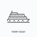 Ferry boat flat line icon. Vector outline illustration of transport ship. Black thin linear pictogram for water vessel