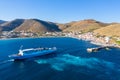 Ferry boat leaving Kea, Tzia island port, Greece. Aerial drone view
