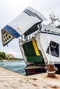 Ferry boat with open ship's bow ready to get loaded. Royalty Free Stock Photo