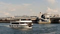 Ferry boat sailing in Bosphorus, with background of Galata Bridge, Istanbul, Turkey Royalty Free Stock Photo
