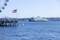 Ferry Boat sailing into Port on the Puget Sound, Seattle in Washington Royalty Free Stock Photo