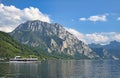 Ferry boat sails on Lake Traun Traunsee in Austria