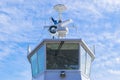 Ferry boat white cabin with big windows. Wing of running bridge of cruise liner. white cruise ship on a blue sky with navigation Royalty Free Stock Photo