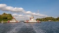 Ferry boats crossing Kiel Canal from Nobiskrug to Schacht-Audorf, Schleswig-Holstein, Germany