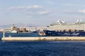 Ferry boats, cruise ships docking at the port of Piraeus, Greece Royalty Free Stock Photo