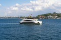 Ferry in Bosphorus in Istanbul city view. Sea transportation and passenger ferry sailing Royalty Free Stock Photo