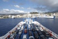 On the ferry with cars and camper vans to Sicily crossing Straits of Messina, Italy, Sicily