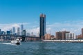 Ferry by East River against skyline of Downtown of Manhattan Royalty Free Stock Photo