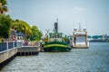 Ferry floating on river in savannah georgia usa