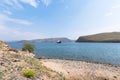 A ferry going to Olkhon Island in the Olkhonskiye Vorota Strait. Lake Baikal, Siberia, Russia. Landscape Royalty Free Stock Photo