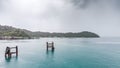 Ferry harbor to island in raining day