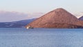 Ferry operating in Lake Toya to Nakajima Island during winter Royalty Free Stock Photo