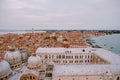 The ferry pier and mooring place for gondolas - San Marco-San Zaccaria in Venice, Italy. Aerial view from huge cathedral Royalty Free Stock Photo