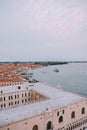 The ferry pier and mooring place for gondolas - San Marco-San Zaccaria in Venice, Italy. Aerial view from huge cathedral Royalty Free Stock Photo