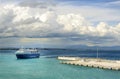 Ferry returning to port of Zakynthos island, under a dramatic sky.Greece .