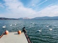 Ferry ride with a picturesque background of a lake with swans swimming peacefully