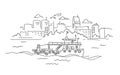 A ferry sailing along the river against the backdrop of a big city. Ship, river port. Hand drawn vector black line