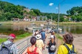 Ferry service with modern catamaran at Bastei sandstone pillars near Kurort Rathen village in the national park Saxon Switzerland