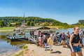 Ferry service with modern catamaran at Bastei sandstone pillars near Kurort Rathen village in the national park Saxon Switzerland