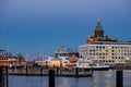 The ferry ship is arriving to Helsinki port in the evening Royalty Free Stock Photo