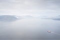 Ferry ship crossing on open vast ocean cruise journey aerial view from above during atmospheric weather sea island trip Scotland U Royalty Free Stock Photo