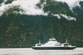 Ferry ship and foggy forest Mountains Landscape Royalty Free Stock Photo