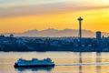 Ferry on the water with the city of Seattle, USA under the beautiful sunset in the background Royalty Free Stock Photo