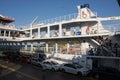 Ferryboat arrived at Limenaria, the ferry is full with cars and tourists, arrival, travel, the view inside of a ferry ship