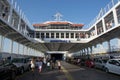 Ferryboat arrived at Limenaria, the ferry is full with cars and tourists, arrival, travel, the view inside of a ferry ship