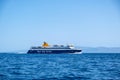 Ferryboat in blue Aegean sea background. Kythnos Greek island