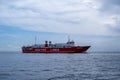 Ferryboat in blue sea background. Kythnos Greek island