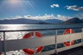 Lake Maggiore, Italy seen from a ferry. Ferryboat railings and lifebelts