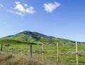 Fertile green grassland hill from road under blue sky