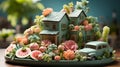 Miniature fertile farmhouse. Whimsical DIY miniature fertile vegetable home garden. AI generated.