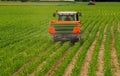 Fertiliser spreader machine trailed by tractor on a field with young corn plants Royalty Free Stock Photo