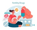 Fertility drugs. Woman confidently taking fertility drugs, with calendar