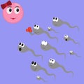 Fertilization process icon. Cartoon comic design. Spermatozoons reaching egg, ovum cell. Reproduction close-up