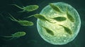Fertilization process with microscopic sperm cells approaching egg Royalty Free Stock Photo