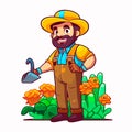 A gardener tends plants in the garden. Fertilizing and spraying plants for good growth. Maintenance of greenery in parks. Cartoon