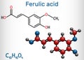Ferulic acid, coniferic acid, C10H10O4 molecule. It is phenolic acid, an antioxidant, an anti-inflammatory agent, an apoptosis
