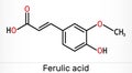 Ferulic acid, coniferic acid, C10H10O4 molecule. It is phenolic acid, an antioxidant, an anti-inflammatory agent, an apoptosis