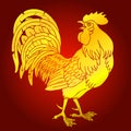 Fervent gold rooster on red background