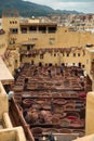 Fes, Morocco - aerial view of Chouara Tannery in Fes el Bali. Ancient tradition. City landmark.