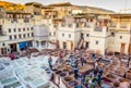 Tourists stand on stone vessels, tanneries, Fez, Morocco