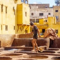 Leather tannery, with workers, Fes Royalty Free Stock Photo