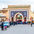 Fes, Morocco - November 12, 2019: Crowd of tourists near the gates of Bab Bou Jeloud gate The Blue Gate