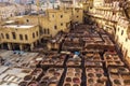 Men working in the leather tanneries in Fes, Morocco. Royalty Free Stock Photo