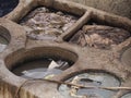 Fes, Morocco, Tannery aerial view Africa Old tanks of the Fez`s tanneries with color paint for leather Royalty Free Stock Photo